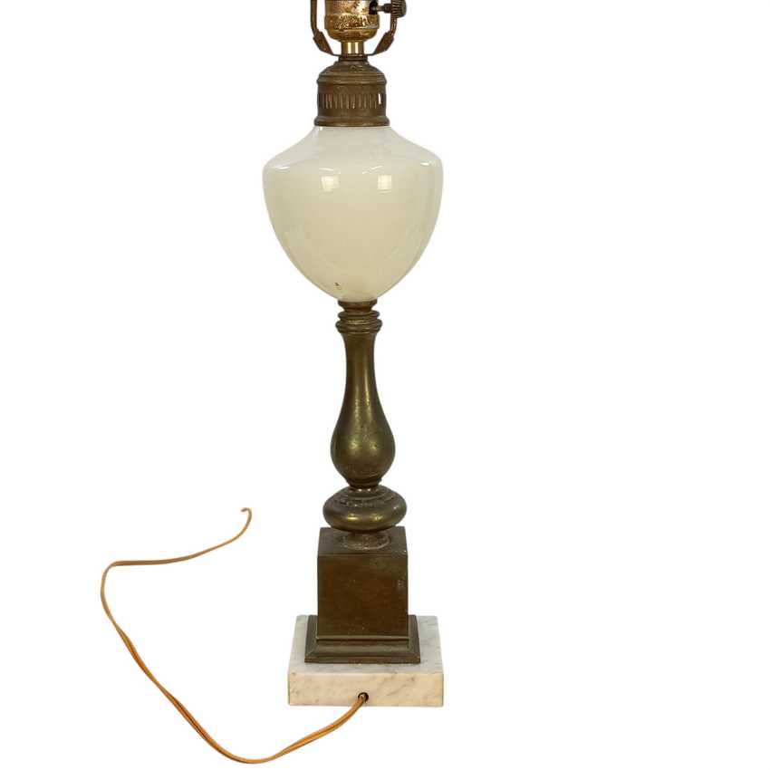 Vintage Milk Glass Table Lamp with Green Floral Motif, Marble Base, 3 Way Switch, 26 Inch Lamp, Cottage Style Accent Lighting