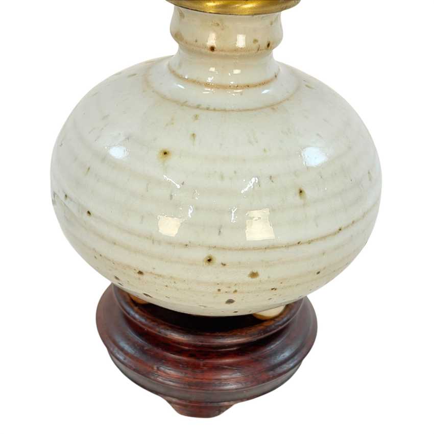 Vintage Mini Pottery Table Lamp with Ivory Shade | Small Cream Ceramic Accent Lamp | Wood Base | Cottage Bedside Lighting