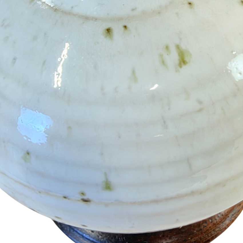 Vintage Mini Pottery Table Lamp with Ivory Shade | Small Cream Ceramic Accent Lamp | Wood Base | Cottage Bedside Lighting
