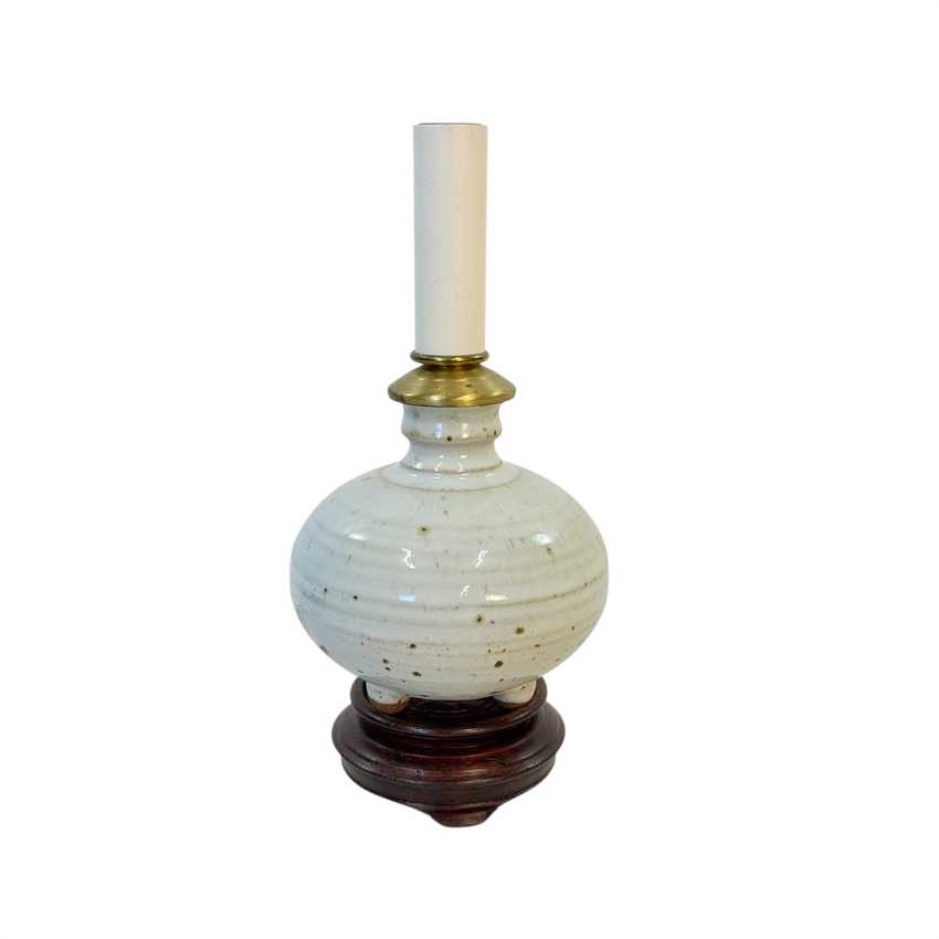 Vintage Mini Pottery Table Lamp with Ivory Shade | Small Cream Ceramic Accent Lamp | Wood Base | Cottage Bedside Lighting