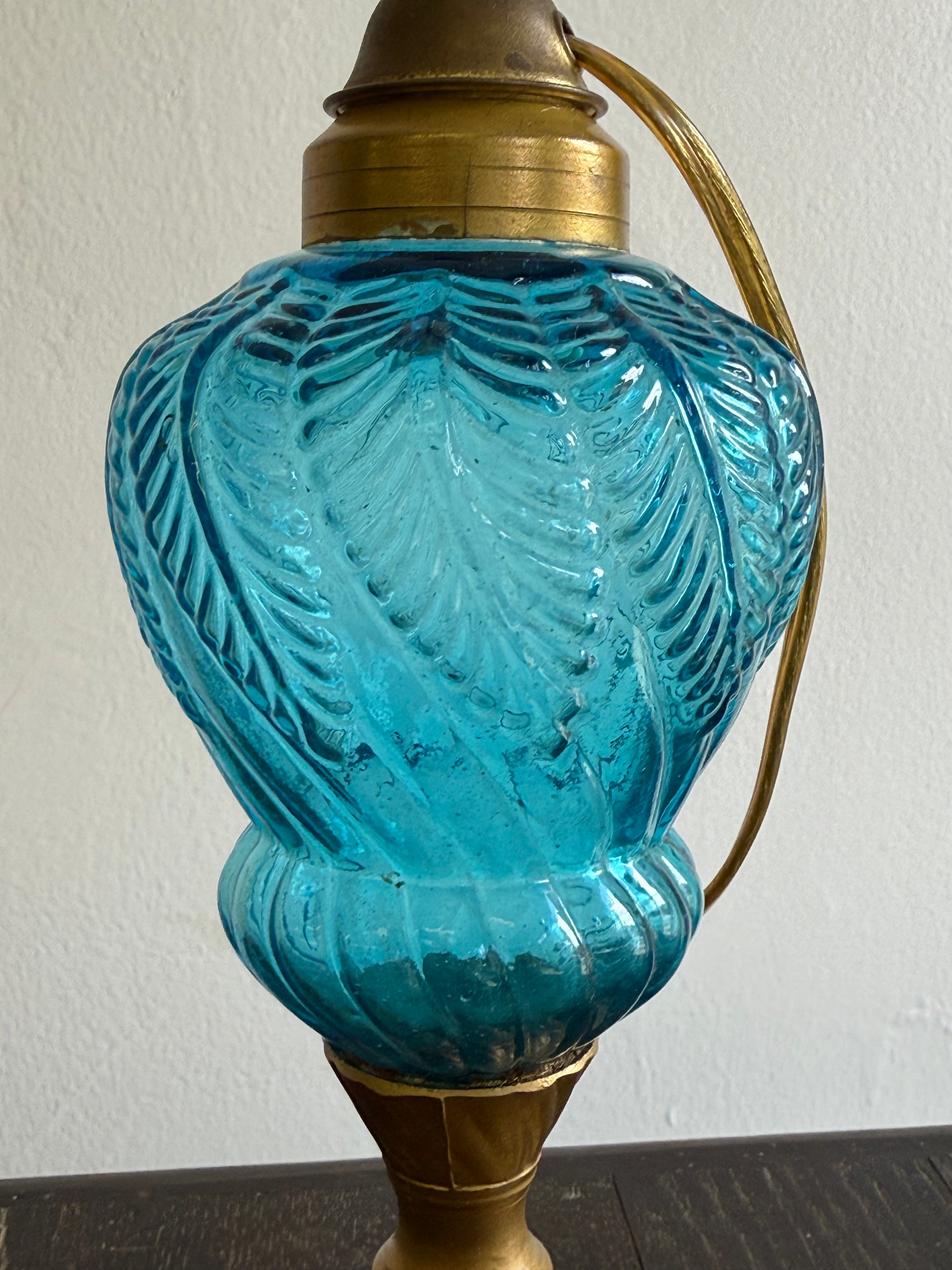 Turquoise Feathered Glass Electrified Oil Lamp