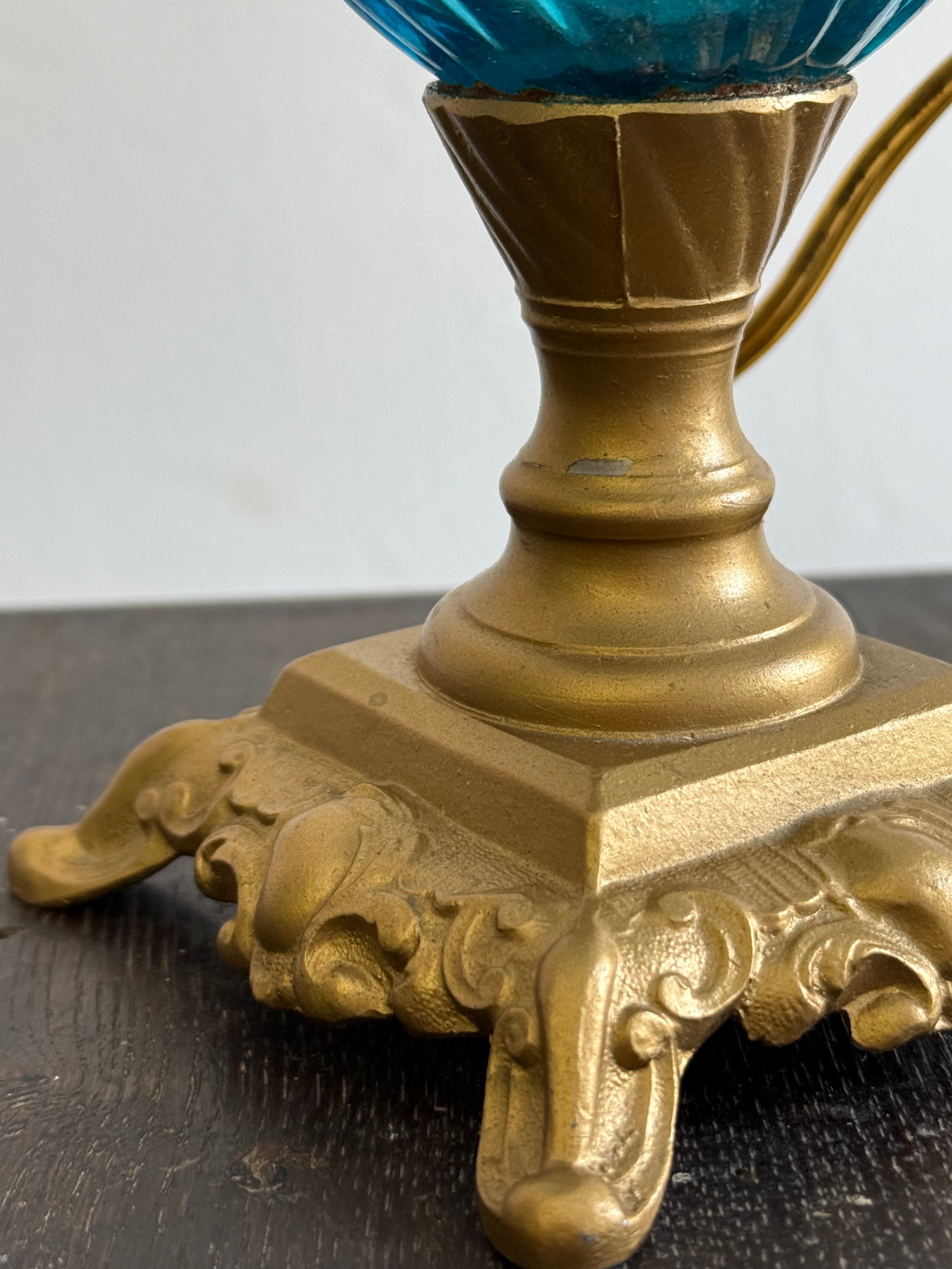 Turquoise Feathered Glass Electrified Oil Lamp