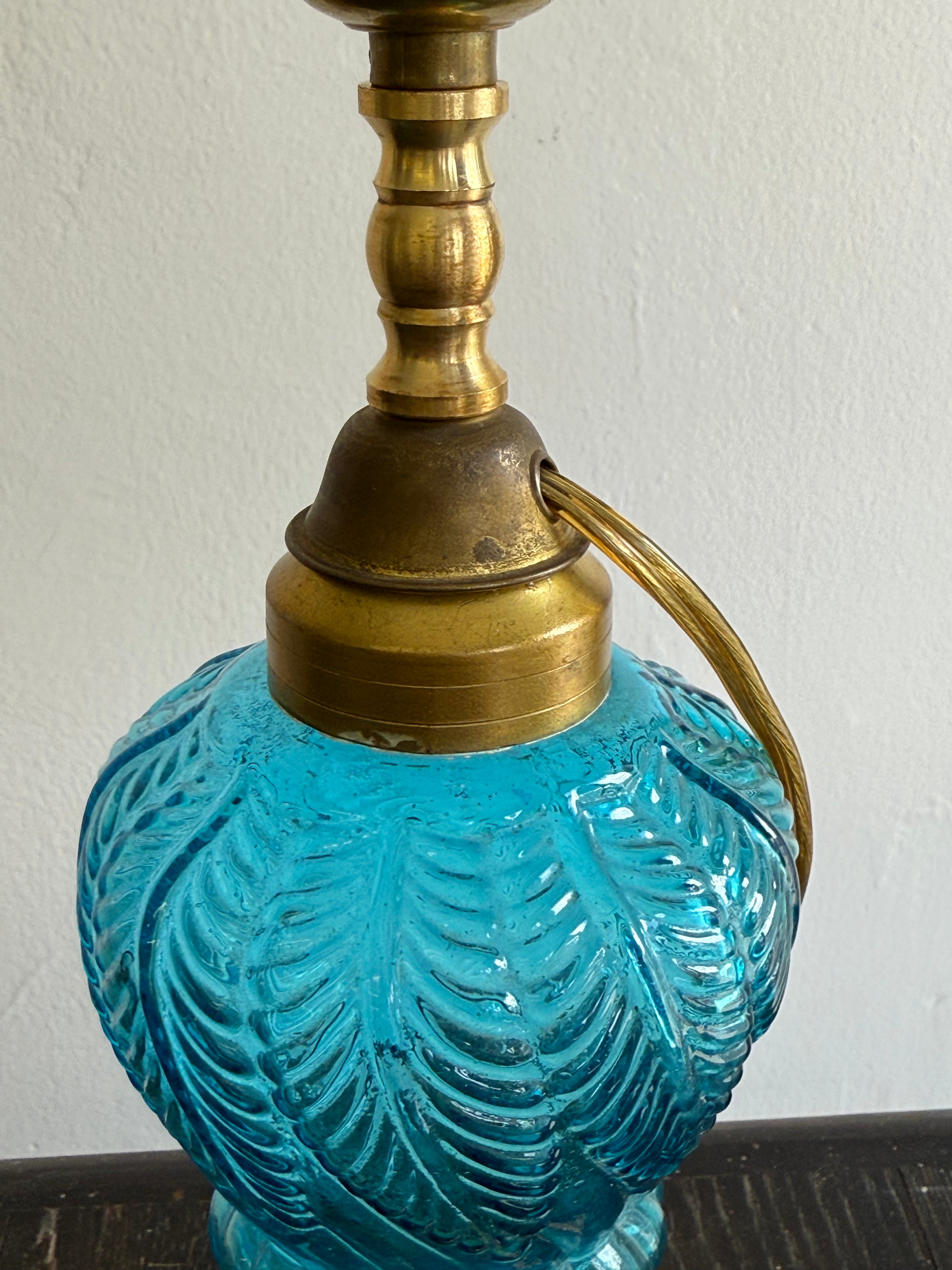 Turquoise Feathered Glass Electrified Oil Lamp