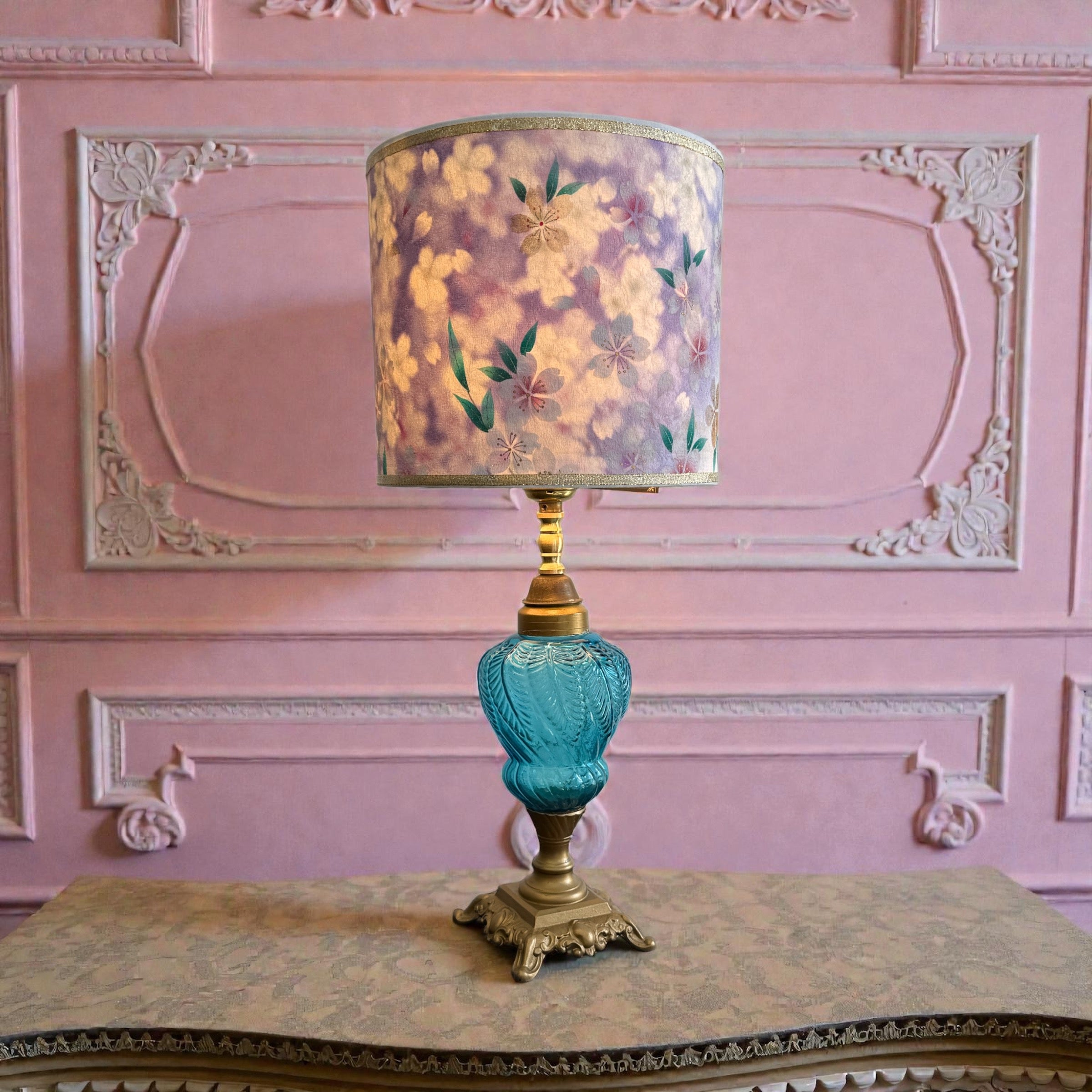 Turquoise Feathered Glass Electrified Oil Lamp