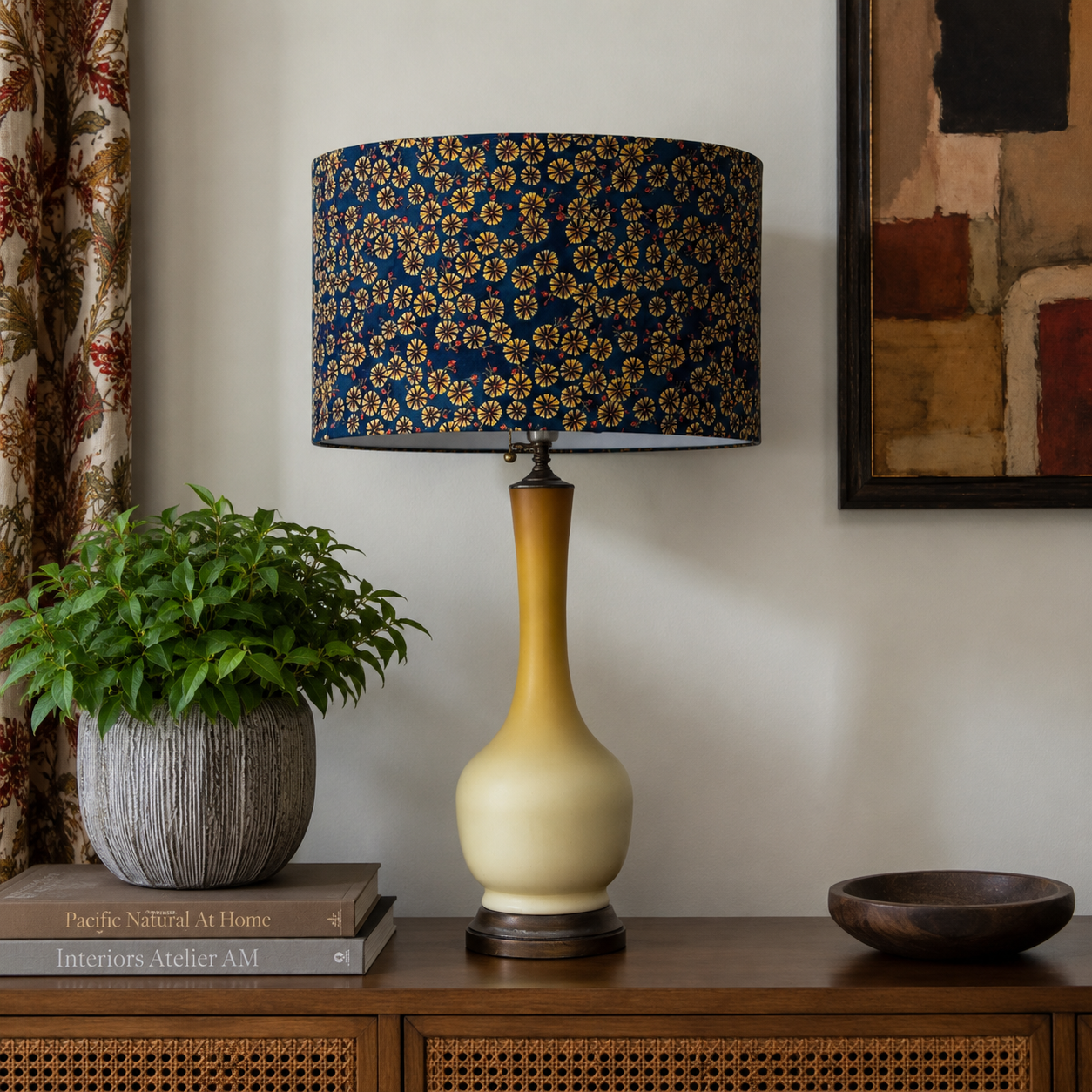 Vintage Uranium Glass Table Lamp | Glows Under Black Light | Custom Restored Lamp with Hand-Painted Wood Base