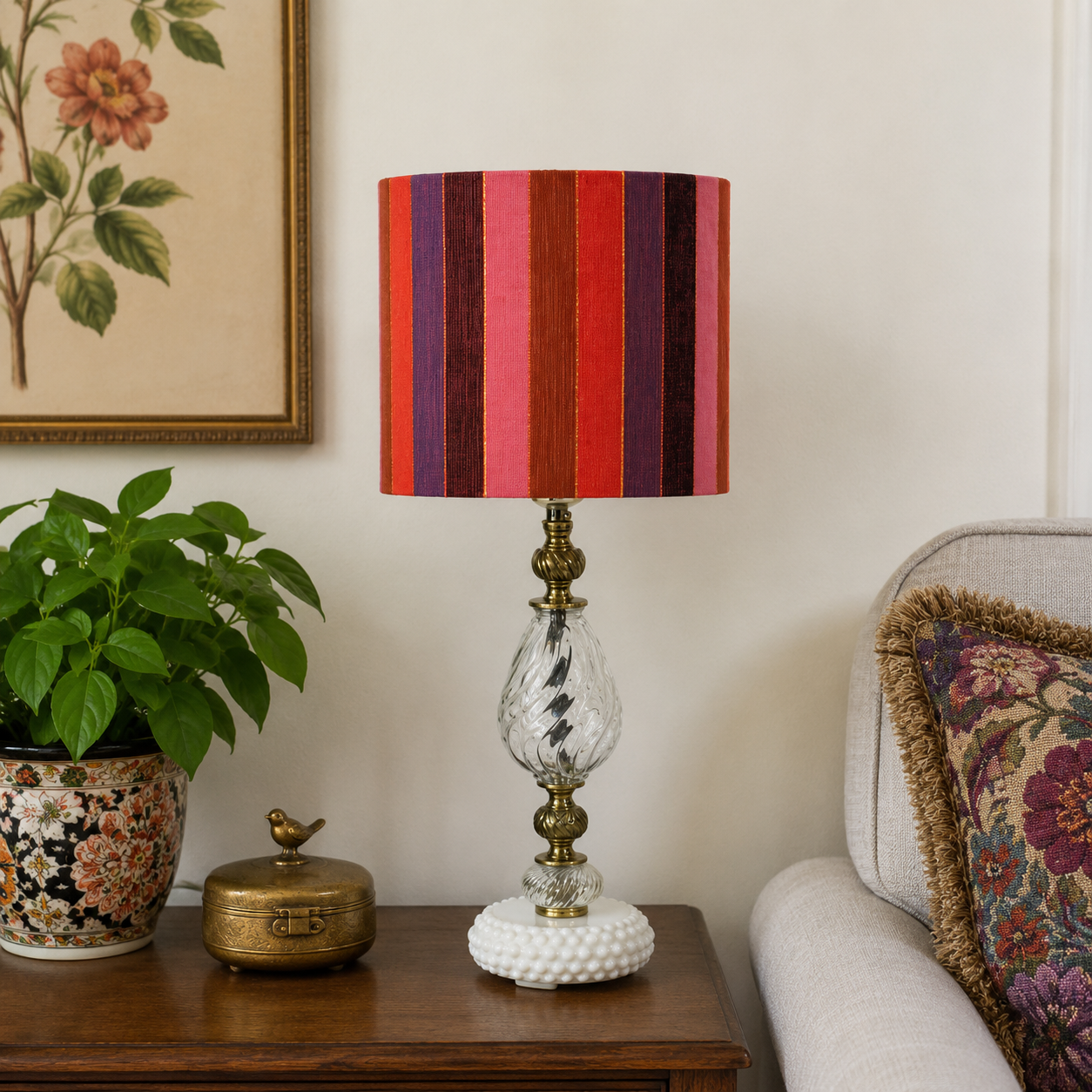 "Ursula" Custom Glass Table Lamp – Handmade Upcycled Vintage Glass Lamp; Brass Lamp – Milk Glass Base – 19.25”