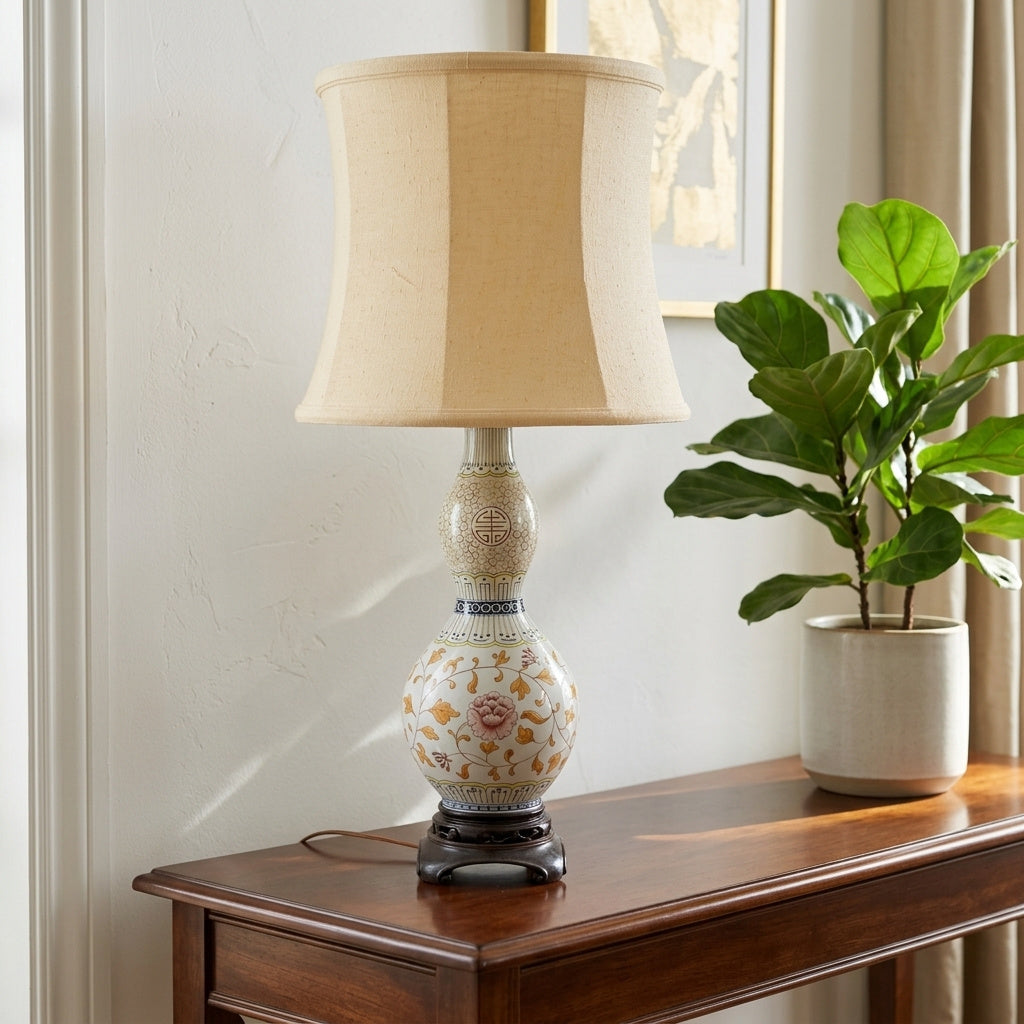 Vintage Chinese Ceramic Gourd Lamp, Unique Double Gourd Table Lamp, Boho Asian Accent Lamp