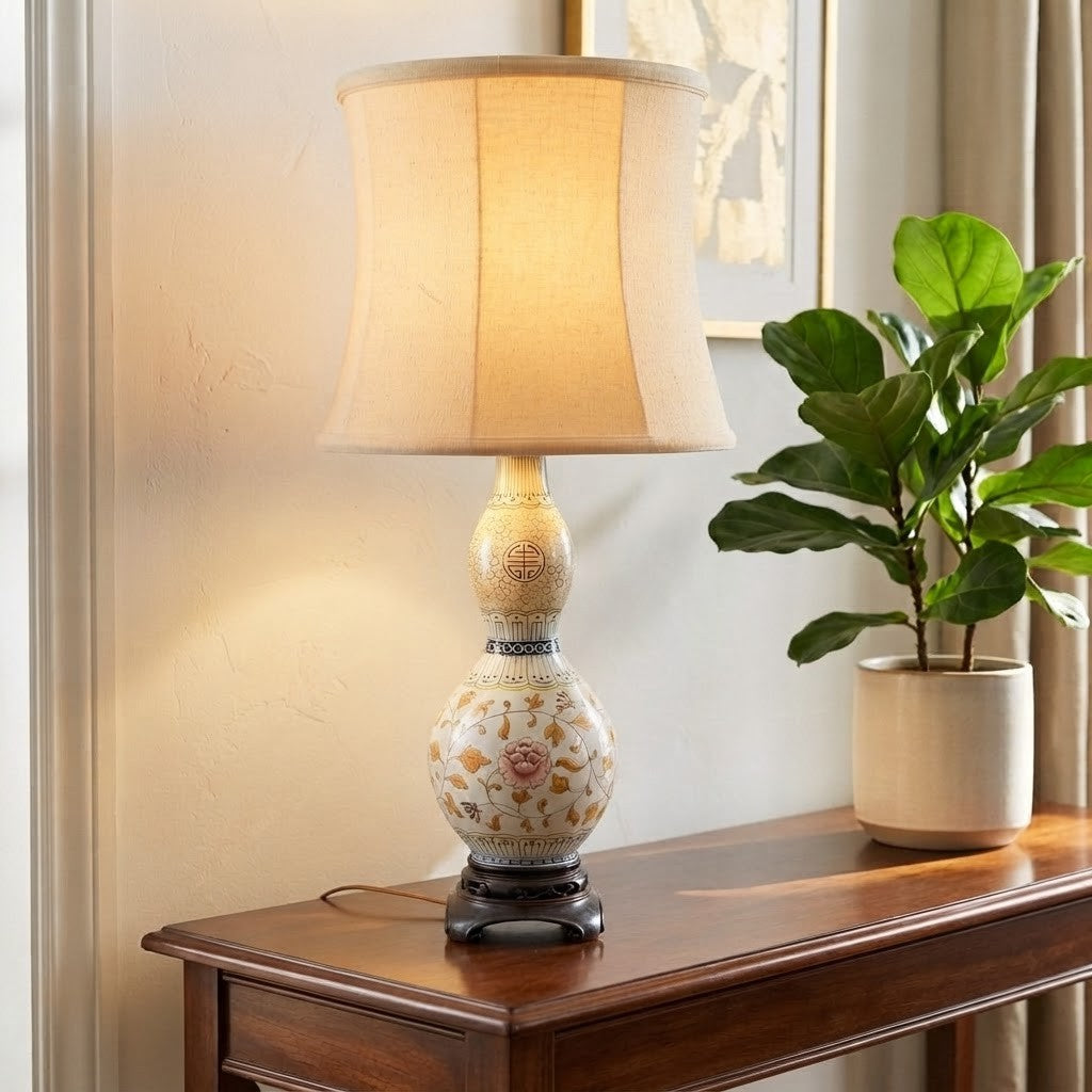 Vintage Chinese Ceramic Gourd Lamp, Unique Double Gourd Table Lamp, Boho Asian Accent Lamp