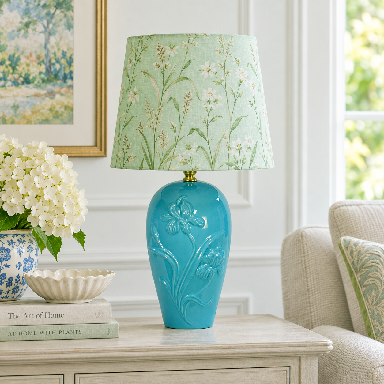 Vintage Light Blue Floral Ceramic Table Lamp, Raised Iris Ginger Jar Lamp, 19.25 Inch Accent Lamp, Grandmillennial Chinoiserie Lighting