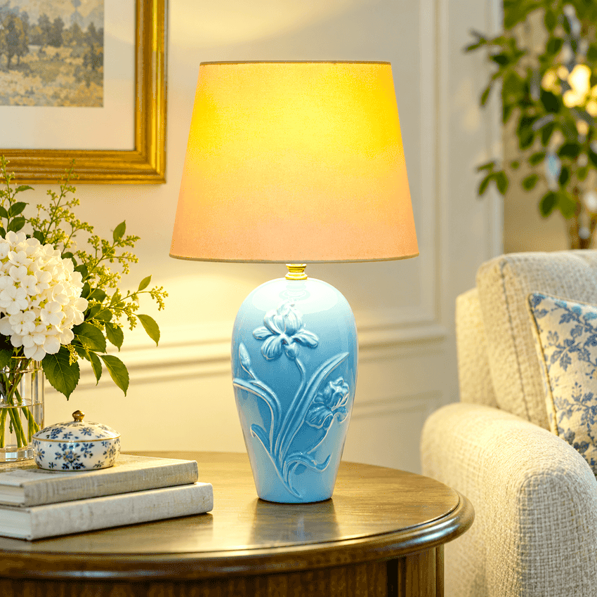 Vintage Light Blue Floral Ceramic Table Lamp, Raised Iris Ginger Jar Lamp, 19.25 Inch Accent Lamp, Grandmillennial Chinoiserie Lighting