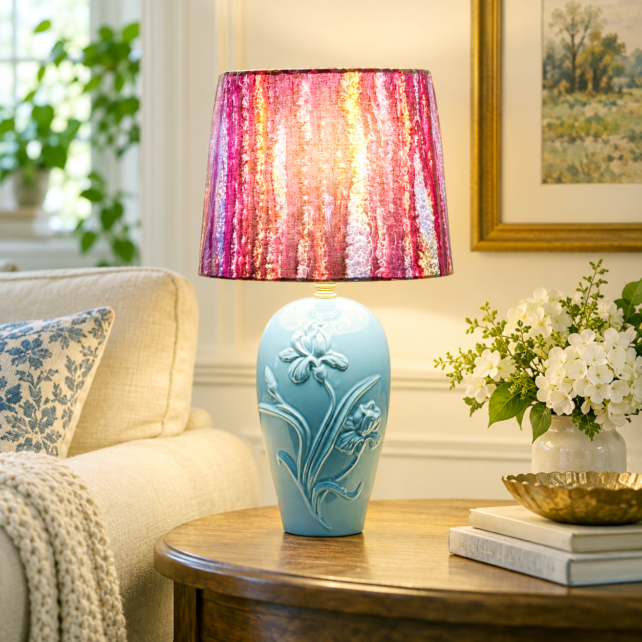 Vintage Light Blue Floral Ceramic Table Lamp, Raised Iris Ginger Jar Lamp, 19.25 Inch Accent Lamp, Grandmillennial Chinoiserie Lighting