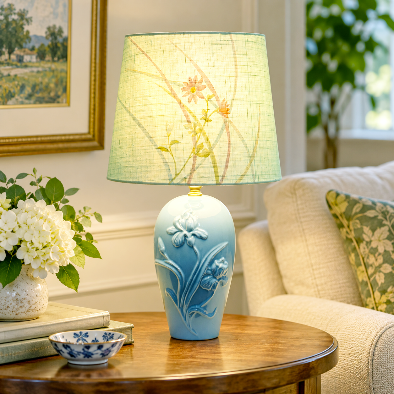 Vintage Light Blue Floral Ceramic Table Lamp, Raised Iris Ginger Jar Lamp, 19.25 Inch Accent Lamp, Grandmillennial Chinoiserie Lighting