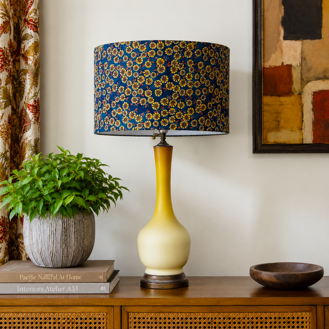 Vintage Uranium Glass Table Lamp | Glows Under Black Light | Custom Restored Lamp with Hand-Painted Wood Base