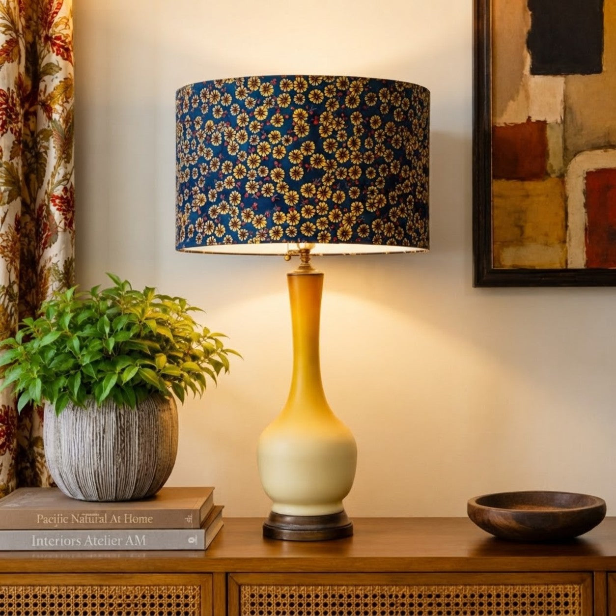 Vintage Uranium Glass Table Lamp | Glows Under Black Light | Custom Restored Lamp with Hand-Painted Wood Base