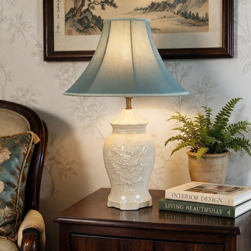 Vintage White Ginger Jar Style Table Lamp | Raised Floral Ceramic Lamp | Asian Inspired Ivory Lamp | 1960s Hollywood Regency Decor
