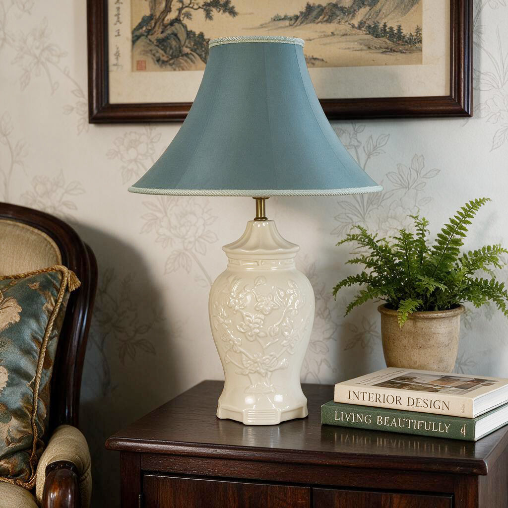 Vintage White Ginger Jar Style Table Lamp | Raised Floral Ceramic Lamp | Asian Inspired Ivory Lamp | 1960s Hollywood Regency Decor