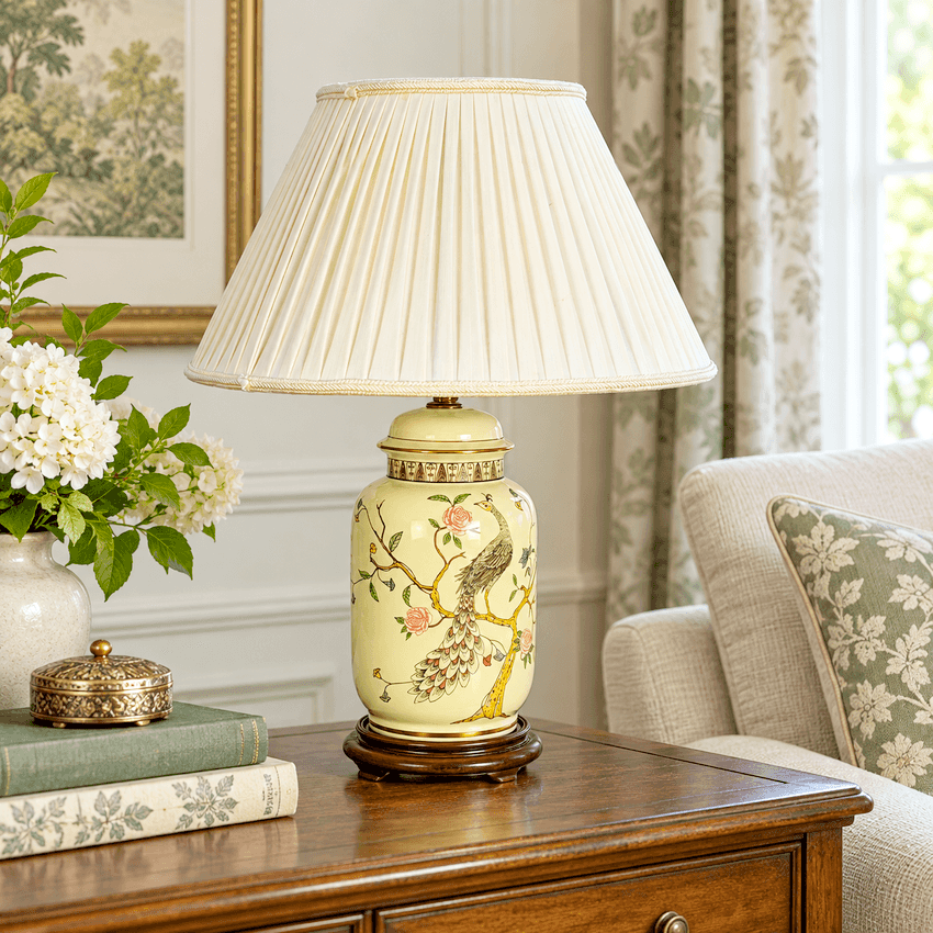 Vintage Yellow Peacock Ginger Jar Lamp, Chinoiserie Style Ceramic Table Lamp on Wood Base, 3 Way, 25.25” Tall