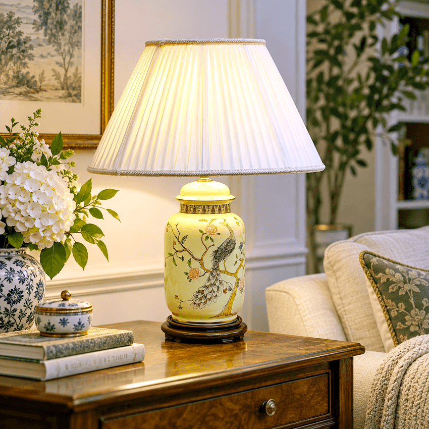 Vintage Yellow Peacock Ginger Jar Lamp, Chinoiserie Style Ceramic Table Lamp on Wood Base, 3 Way, 25.25” Tall