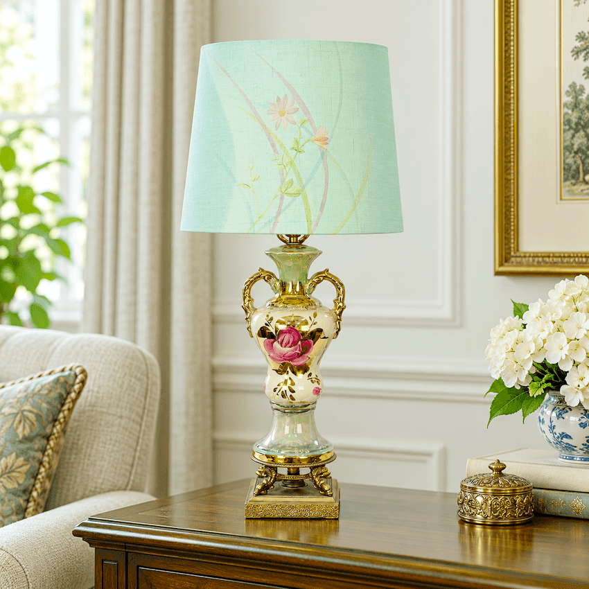 An ornate table lamp with a light mint green fabric shade featuring delicate floral illustrations, and a glossy porcelain-style vase base decorated with gold handles, a pink rose, and gold detailing, set on a dark wood side table in a classic living room.