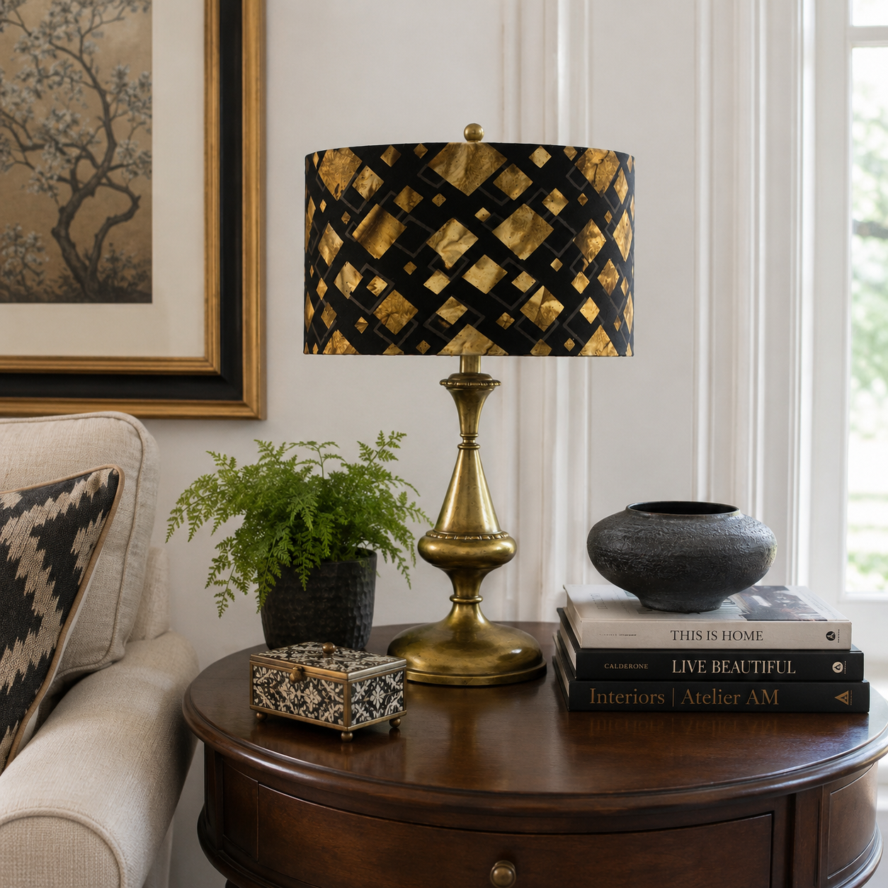 Vintage Brass Table Lamp with Handmade Black & Gold Geometric Lampshade | Hollywood Regency Accent Lamp | Mid Century Modern Lighting