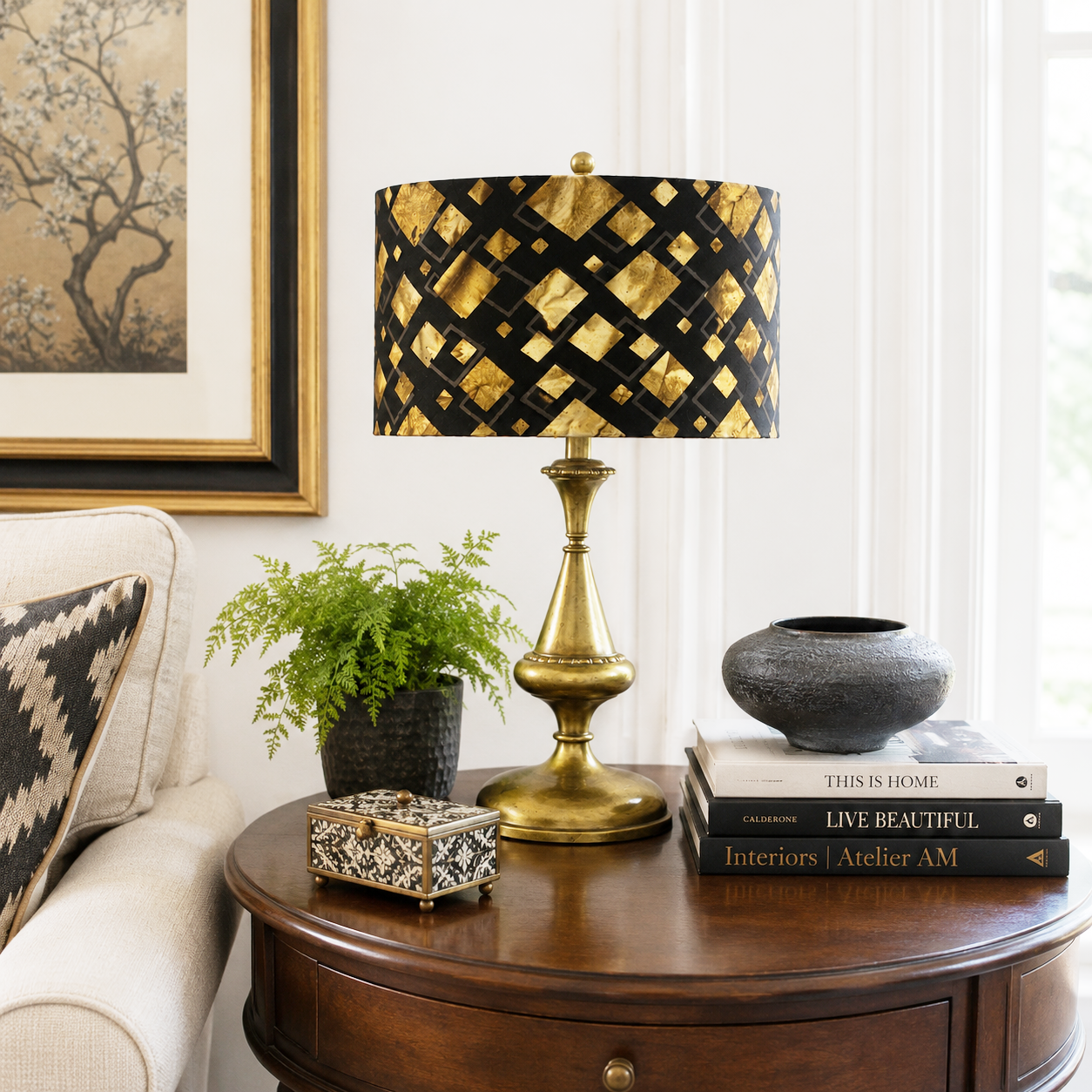 Black Batik Drum Lampshade – Brown & Tan Geometric Diamond Print – Handmade Lamp Shade – Multiple Sizes