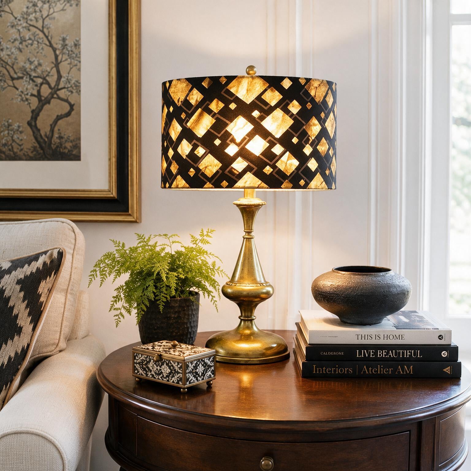 Black Batik Drum Lampshade – Brown & Tan Geometric Diamond Print – Handmade Lamp Shade – Multiple Sizes