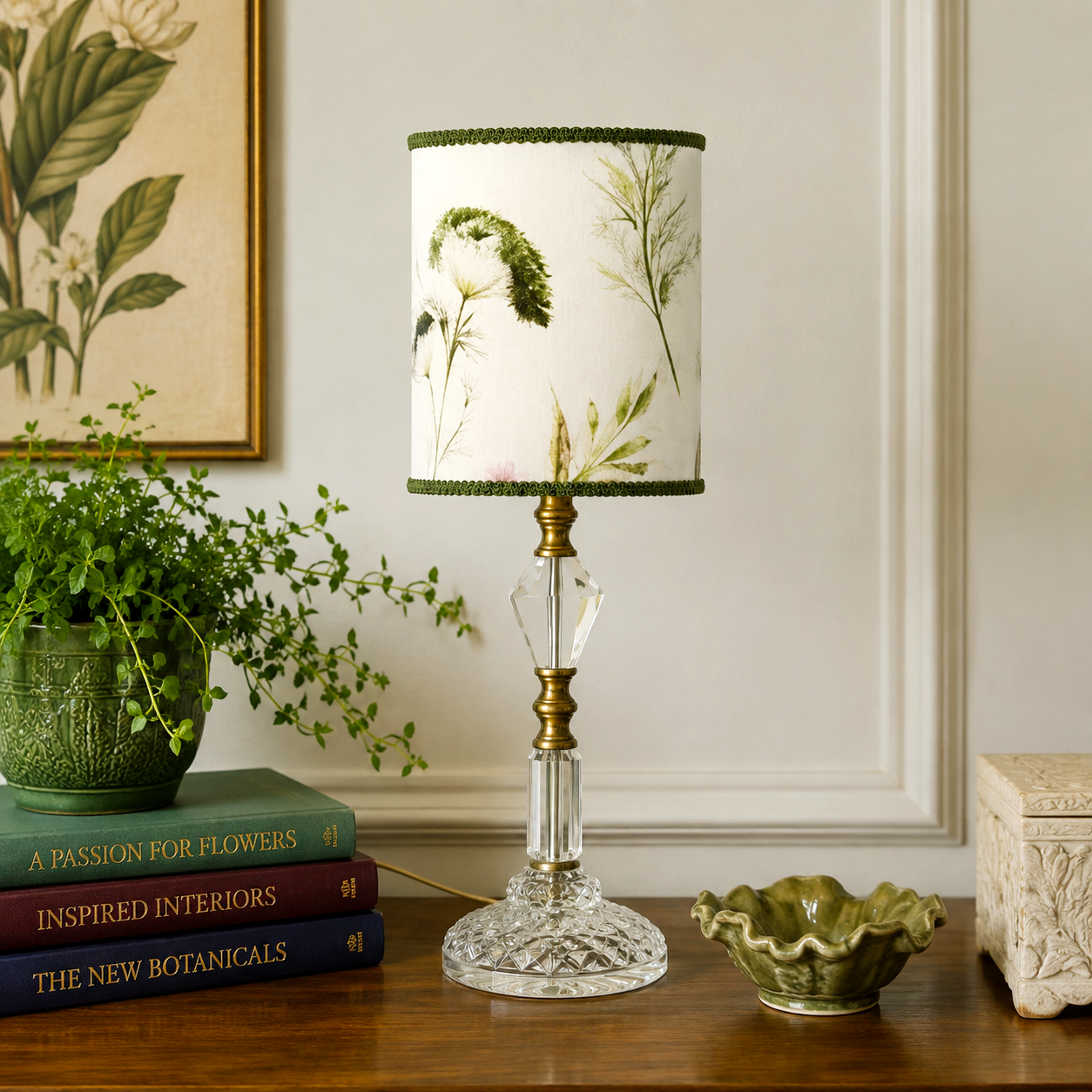 Botanical Floral Drum Lampshade – 6 Inch Small Lamp Shade – White & Green French Gimp – Handmade Candlestick Lamp Shade
