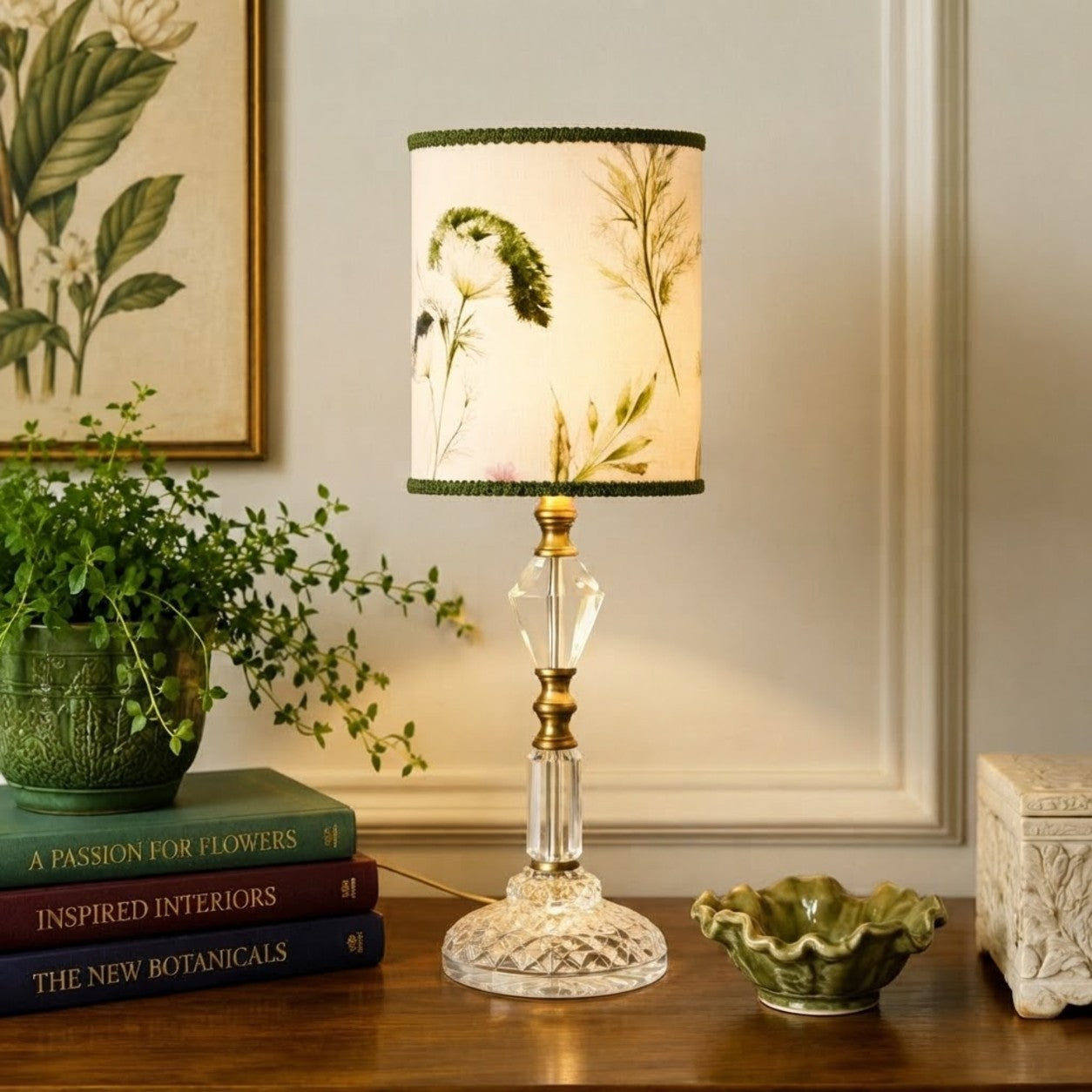 Botanical Floral Drum Lampshade – 6 Inch Small Lamp Shade – White & Green French Gimp – Handmade Candlestick Lamp Shade