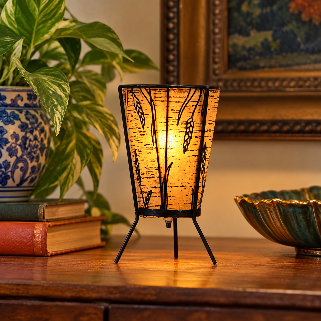Vintage Faux Birch Bark Oil-Paper Tripod Accent Lamp with Wheat Motif – Mid-Century Modern Rustic Table Lamp