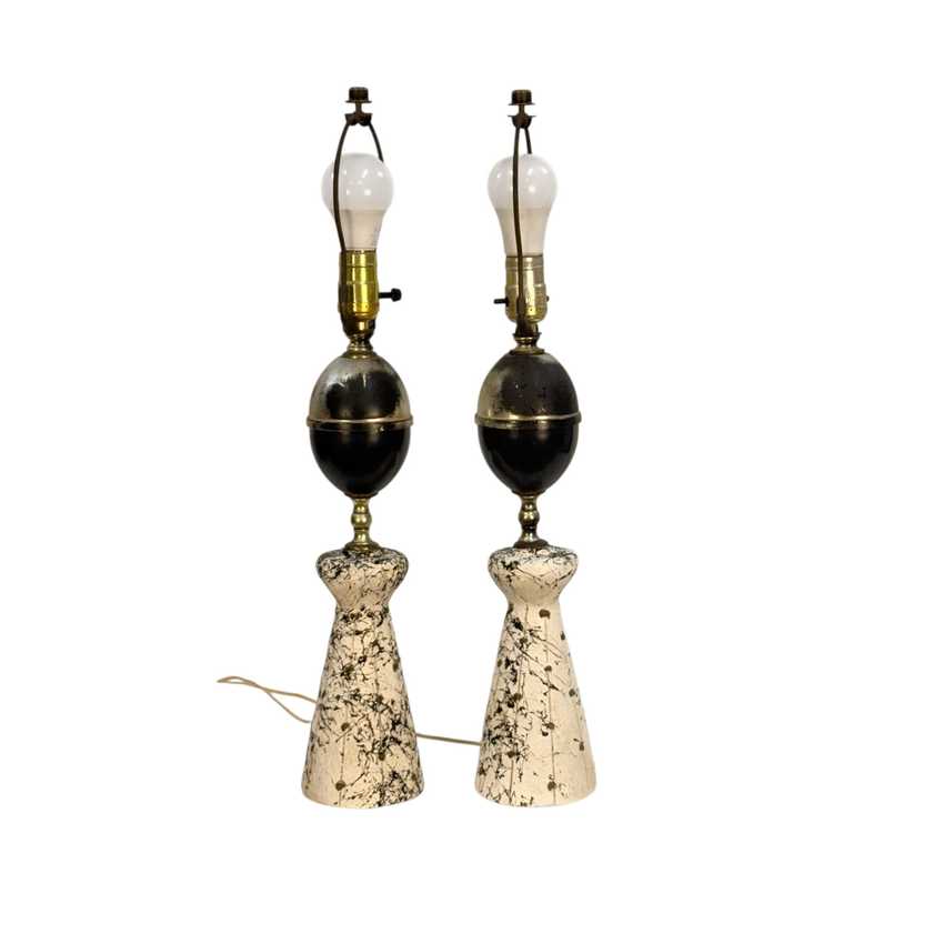 Pair Vintage MCM Atomic Table Lamps Black White Splatter Chalkware 23.5”