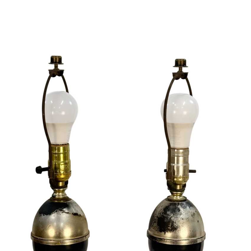 Pair Vintage MCM Atomic Table Lamps Black White Splatter Chalkware 23.5”