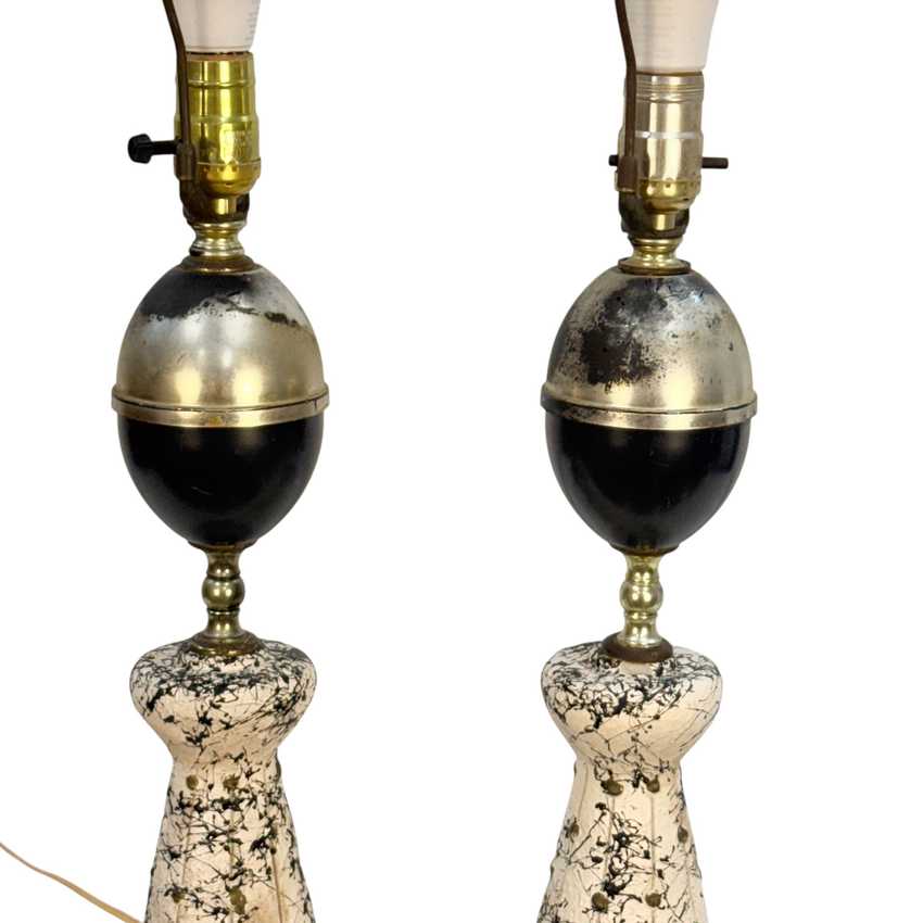 Pair Vintage MCM Atomic Table Lamps Black White Splatter Chalkware 23.5”