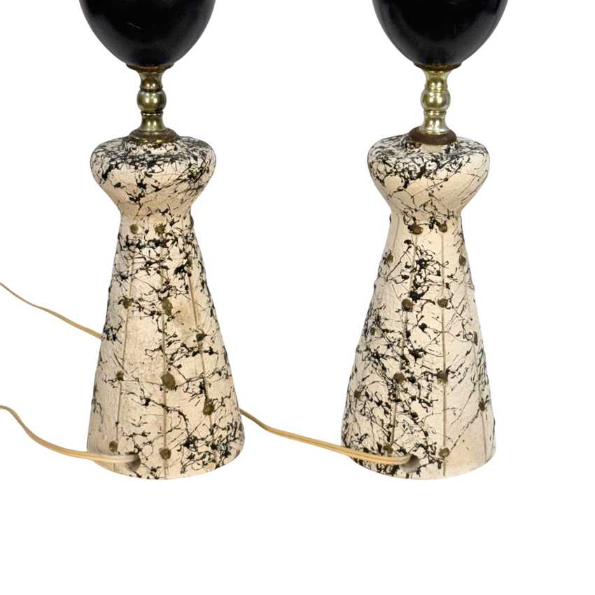 Pair Vintage MCM Atomic Table Lamps Black White Splatter Chalkware 23.5”