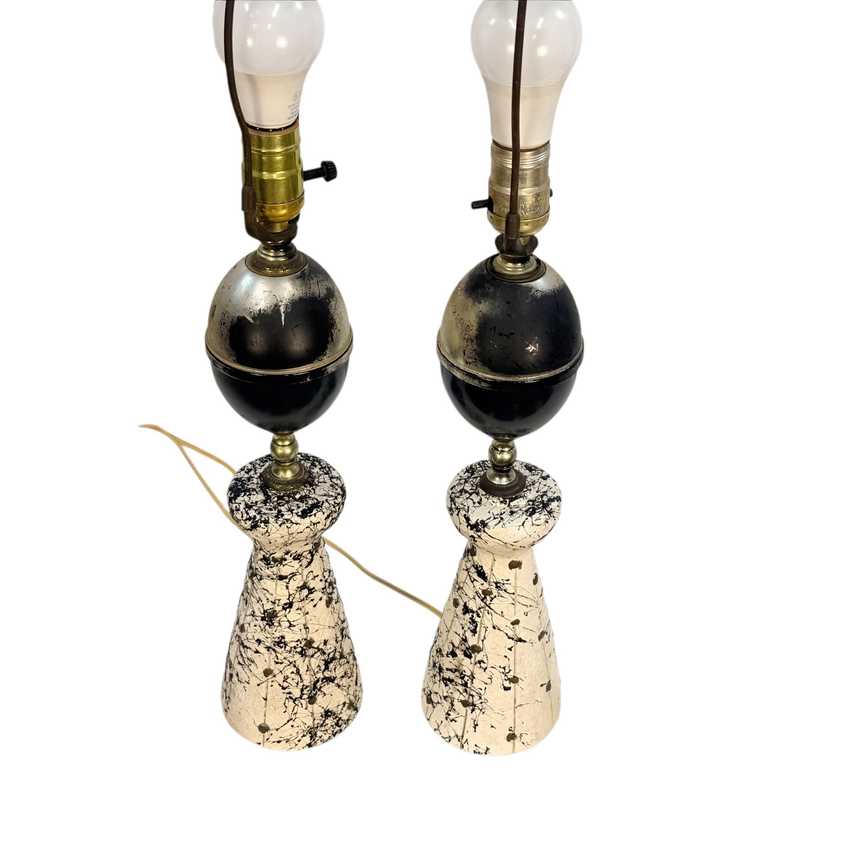Pair Vintage MCM Atomic Table Lamps Black White Splatter Chalkware 23.5”
