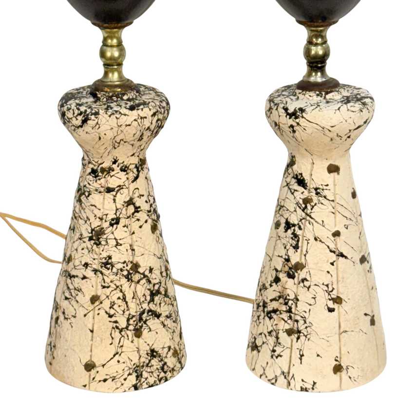 Pair Vintage MCM Atomic Table Lamps Black White Splatter Chalkware 23.5”
