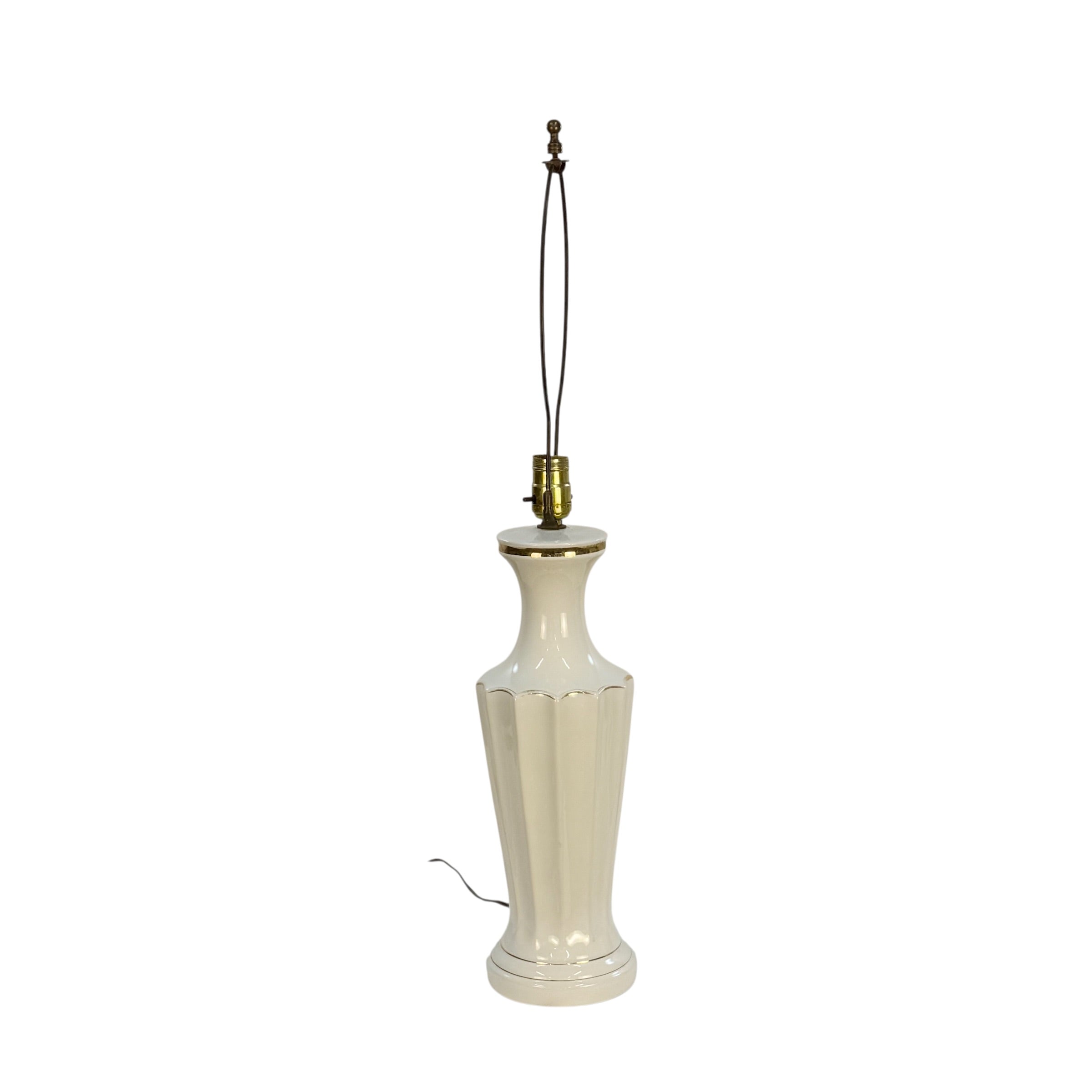 Vintage White Ceramic Table Lamp Gold Accents – 30” Mid Century Hollywood Regency Fluted MCM Lamp