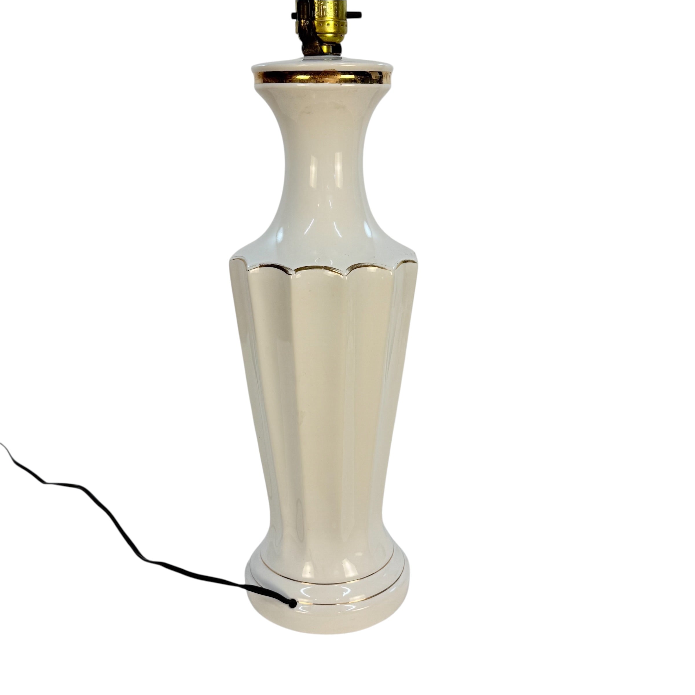 Vintage White Ceramic Table Lamp Gold Accents – 30” Mid Century Hollywood Regency Fluted MCM Lamp
