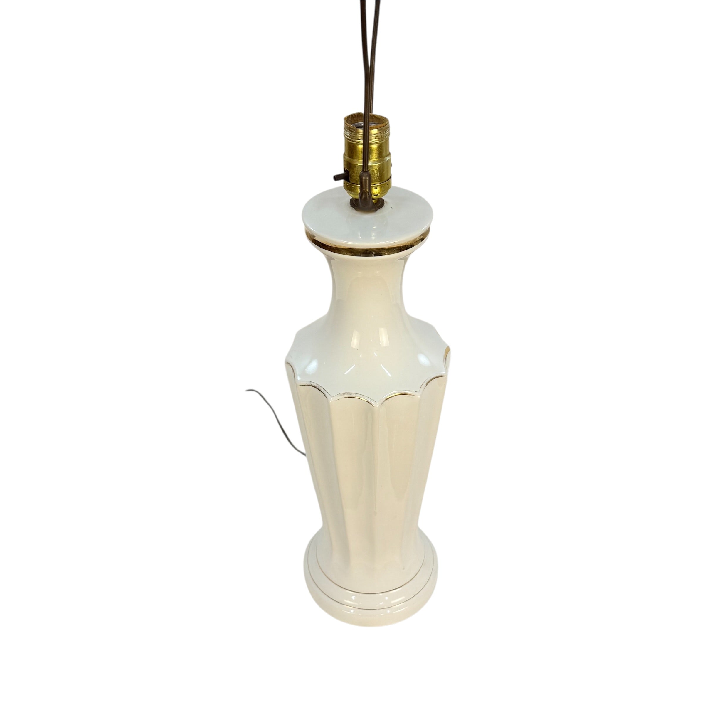 Vintage White Ceramic Table Lamp Gold Accents – 30” Mid Century Hollywood Regency Fluted MCM Lamp