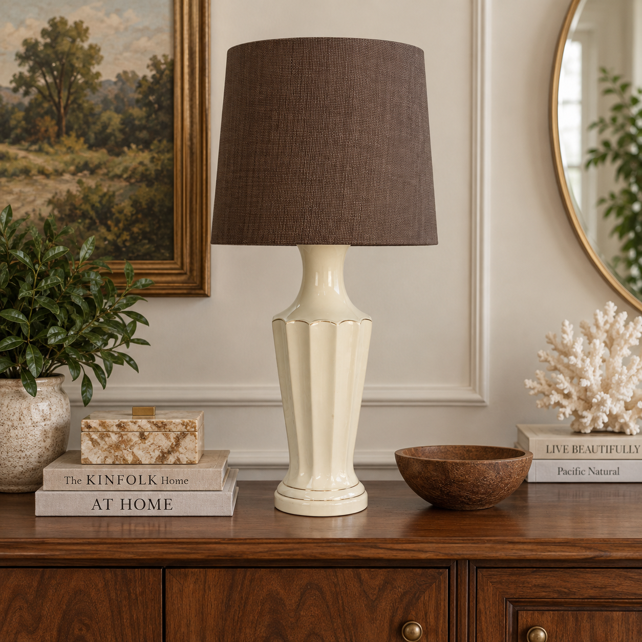 Vintage White Ceramic Table Lamp Gold Accents – 30” Mid Century Hollywood Regency Fluted MCM Lamp