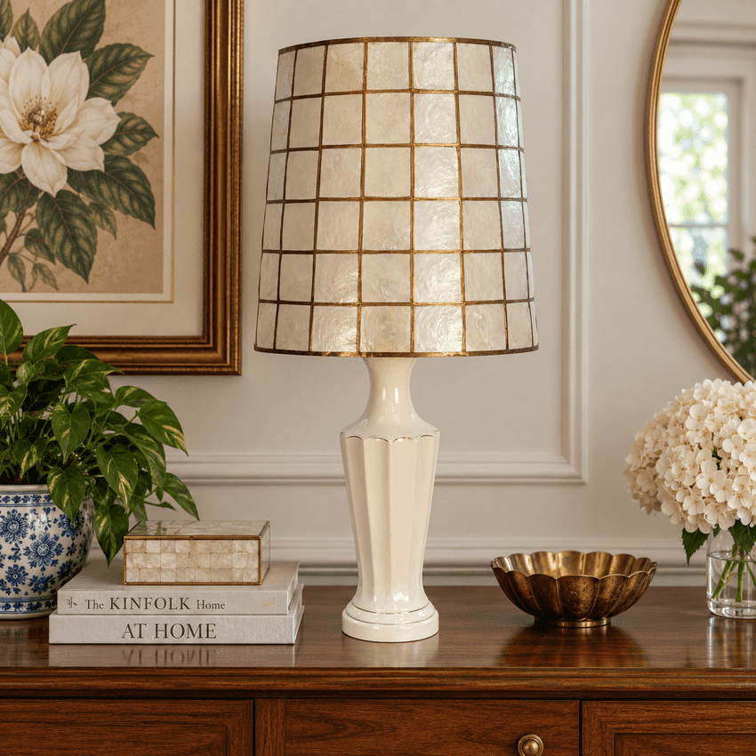 Vintage White Ceramic Table Lamp Gold Accents – 30” Mid Century Hollywood Regency Fluted MCM Lamp