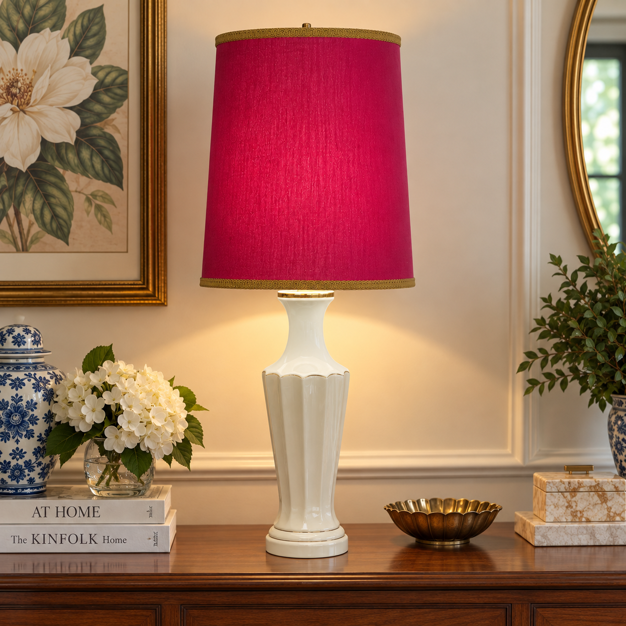 Vintage White Ceramic Table Lamp Gold Accents – 30” Mid Century Hollywood Regency Fluted MCM Lamp