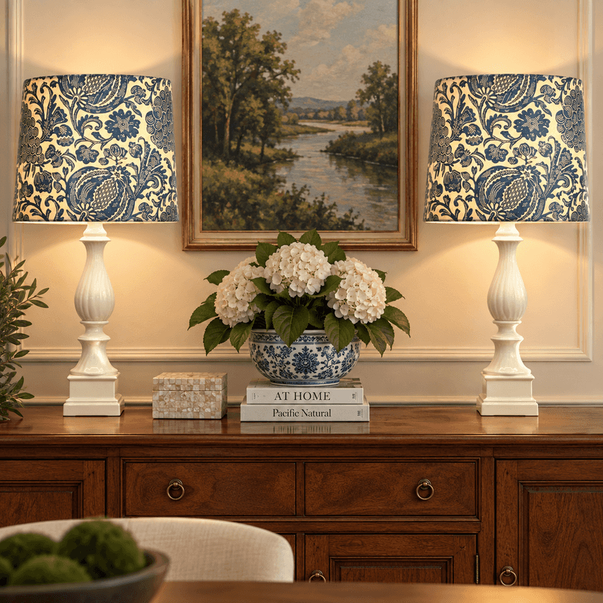 Two matching table lamps with blue and cream floral-patterned drum shades and white pedestal bases, placed on a wooden sideboard in a styled interior setting.