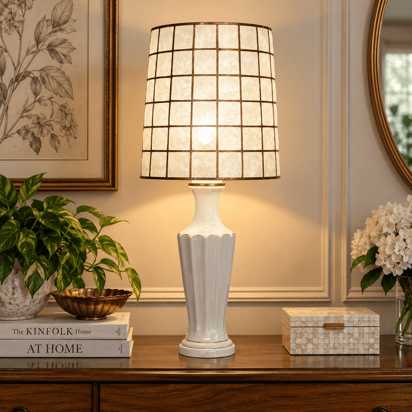 Vintage White Ceramic Table Lamp Gold Accents – 30” Mid Century Hollywood Regency Fluted MCM Lamp