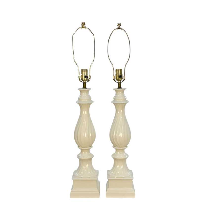 Vintage Pair White Ceramic Table Lamps – 32” Mid Century Hollywood Regency Crackle Glaze Lamps