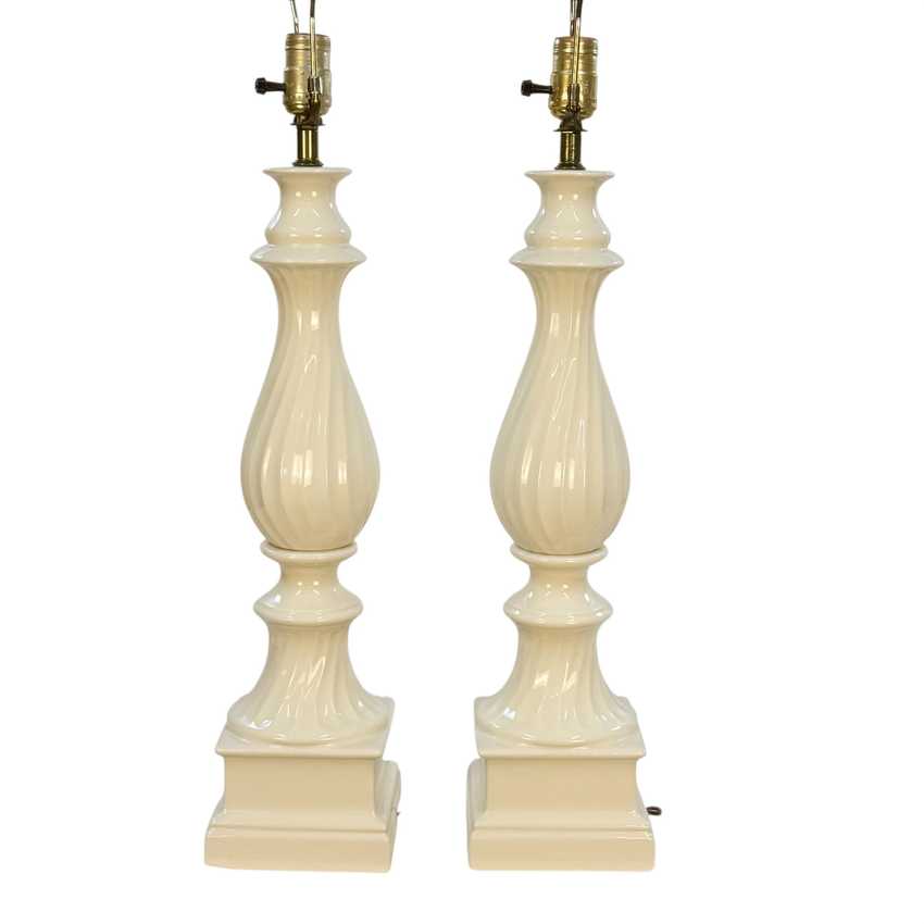 Vintage Pair White Ceramic Table Lamps – 32” Mid Century Hollywood Regency Crackle Glaze Lamps