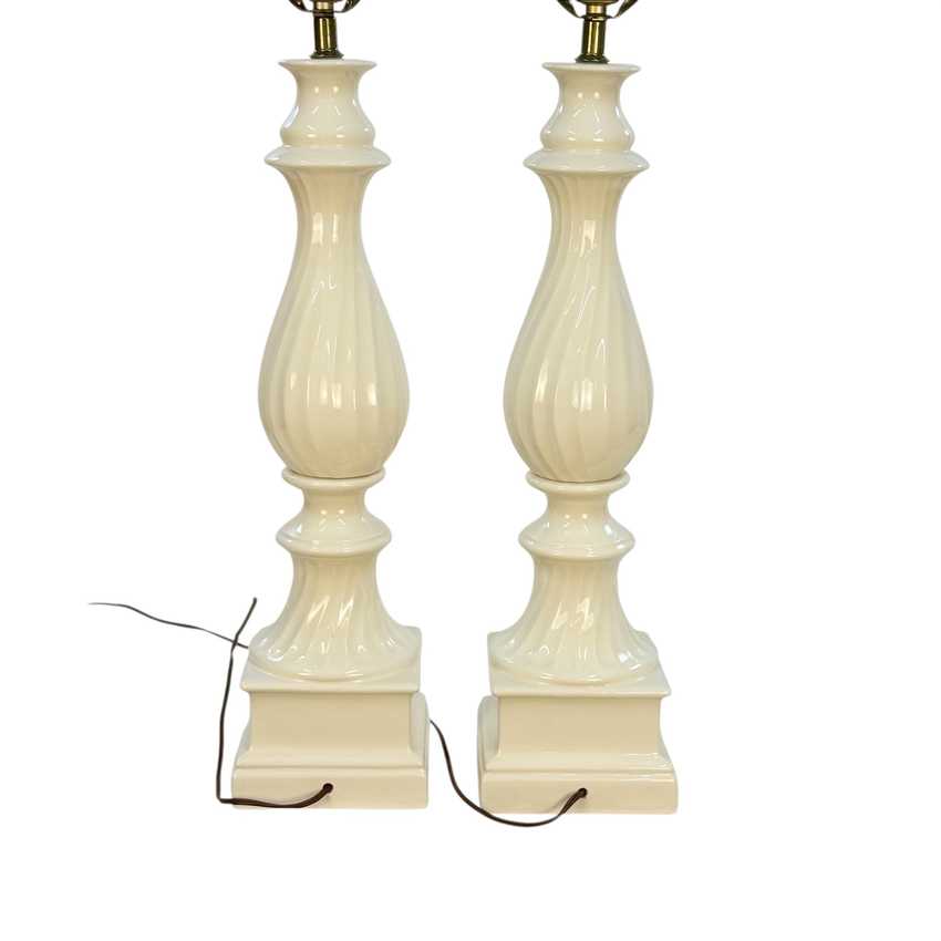 Vintage Pair White Ceramic Table Lamps – 32” Mid Century Hollywood Regency Crackle Glaze Lamps