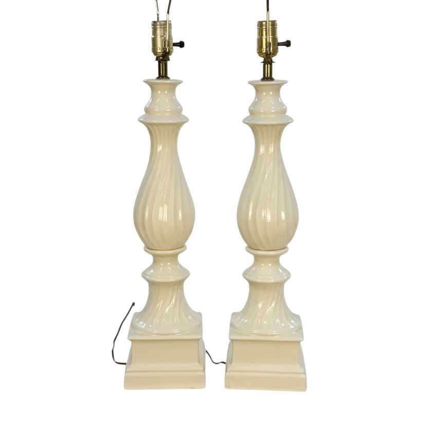 Vintage Pair White Ceramic Table Lamps – 32” Mid Century Hollywood Regency Crackle Glaze Lamps