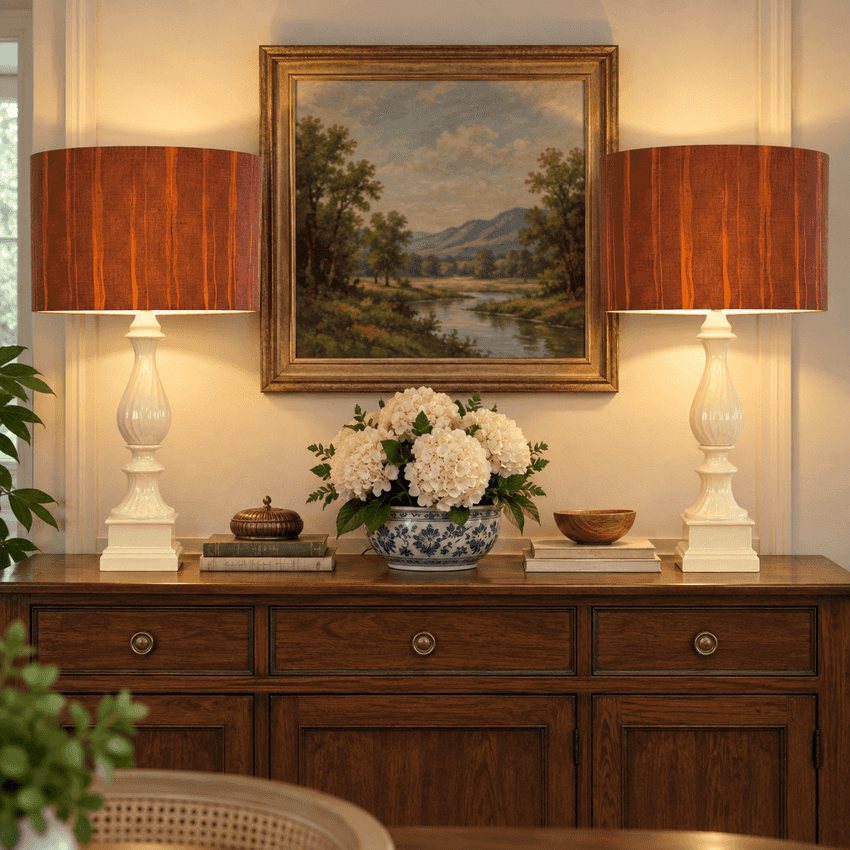 A classic landscape oil painting in a gold frame hangs on a cream wall above a dark wood sideboard. Flanking the painting are two matching table lamps with white bases and warm brown wood-grain shades, flanked by a blue-and-white floral ceramic vase and books.