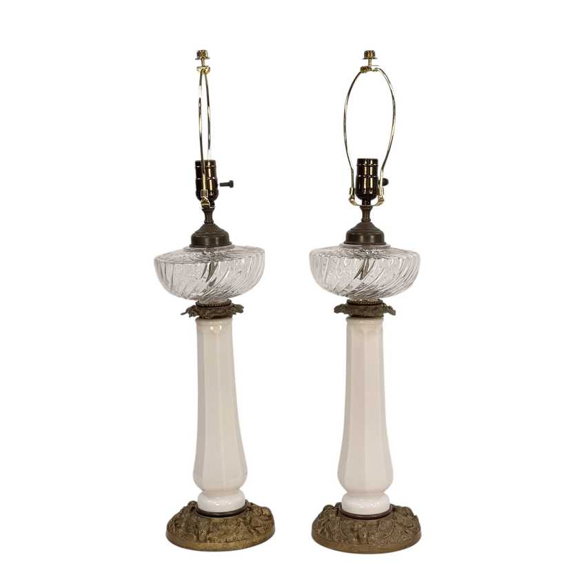 Pair of Vintage Column Table Lamps – White Lamp - Clear Glass Lamps with Ornate Floral Metal Bases – Hollywood Regency Lighting