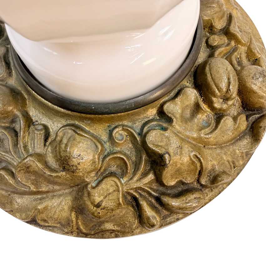 Pair of Vintage Column Table Lamps – White Lamp - Clear Glass Lamps with Ornate Floral Metal Bases – Hollywood Regency Lighting